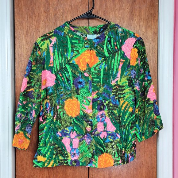 Vintage 1960s Retro Green Floral Print Shacket / Blouse - Picture 4 of 7